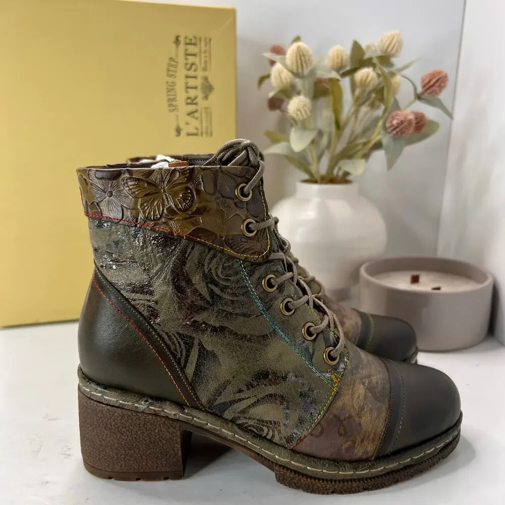 L'Artiste by Spring Step Fallinluv Leather Boot Olive Multi Women 4.5-5 NWB